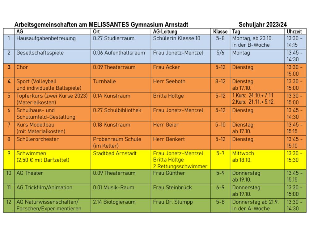 Außerunterrichtliche Angebote ab September 2023